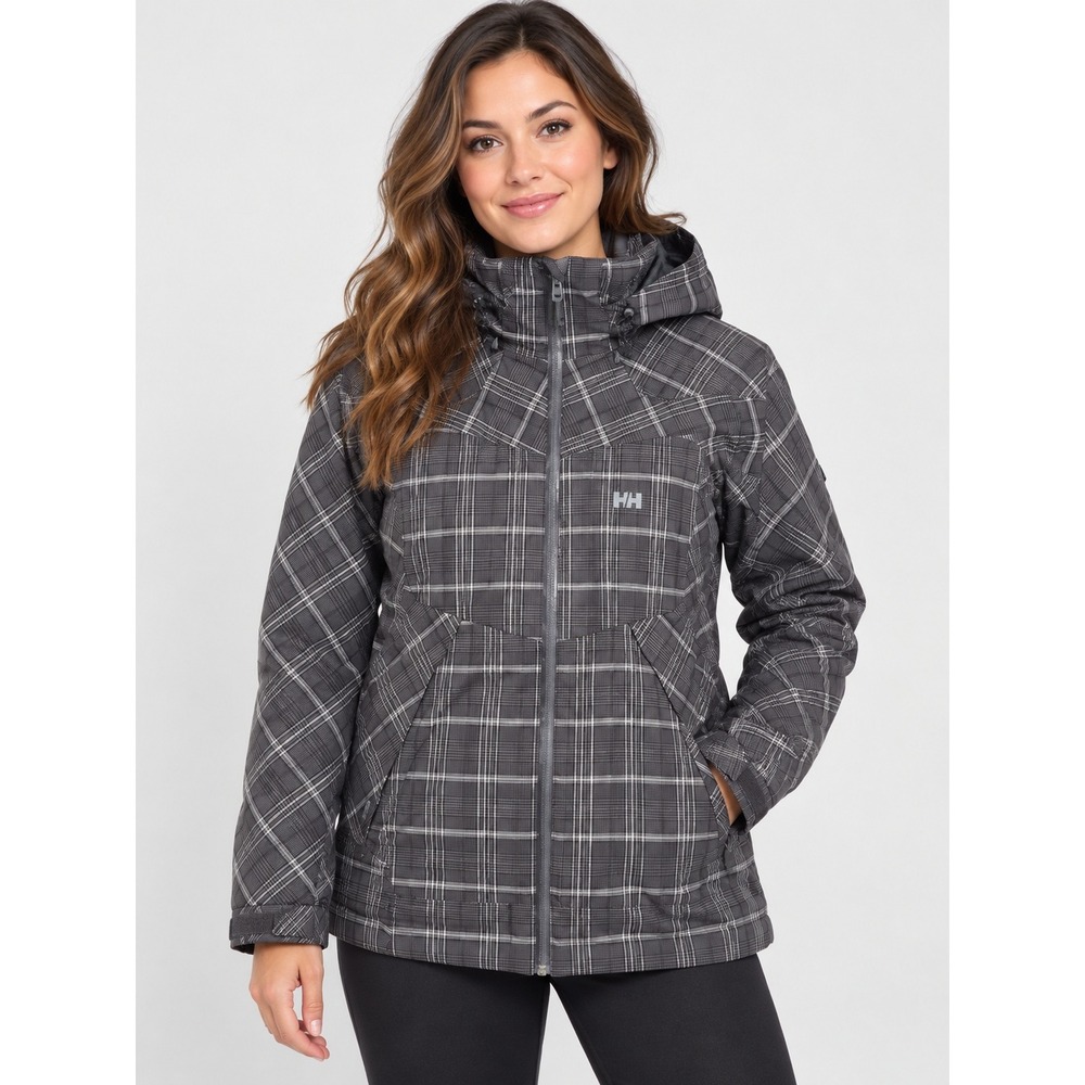 Helly Hansen Ski Jacket Womens Medium Grey Plaid Hooded Insulated Waterproof